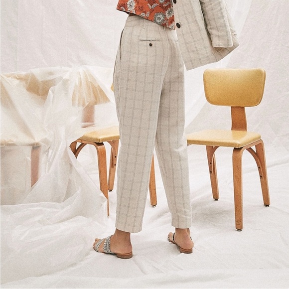 New! Madewell Pleated Taper Linen Blend Wide-Leg Pants in Windowpane Size 10 - Picture 2 of 11